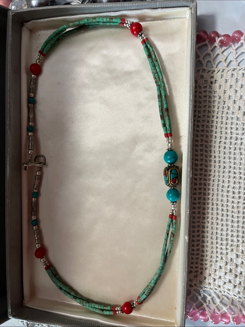 Turquoise and Red Beaded Necklace with Silver Accents